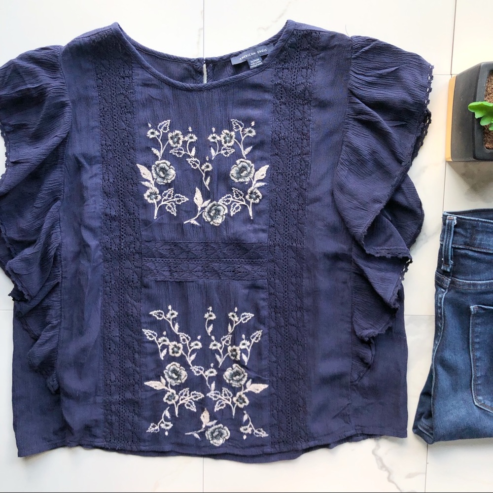 American Eagle Blue And White Embroidered Top - Picture 1 of 8